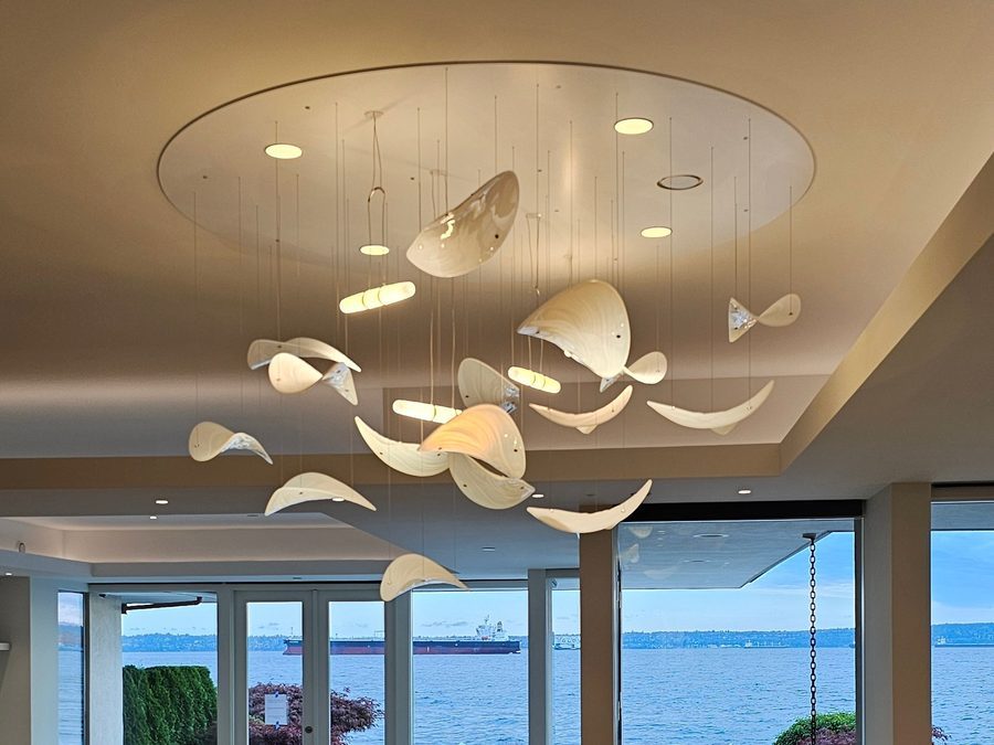 Art-glass pendant cluster, waterfront home