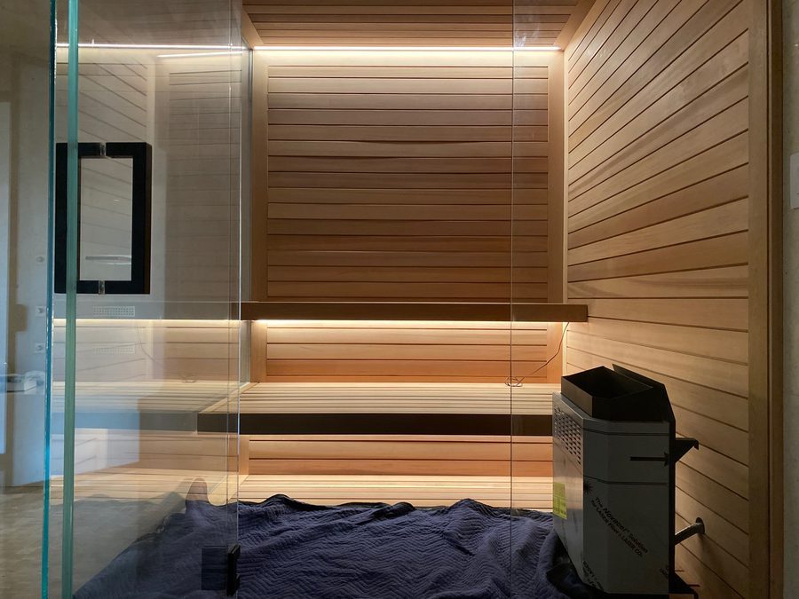 Cedar sauna with LED strip lighting